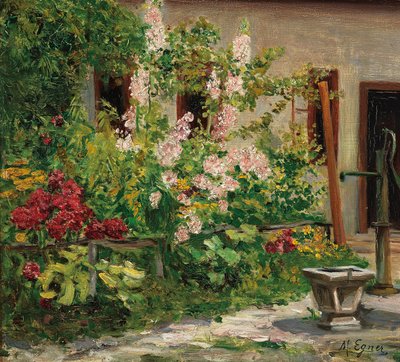 Front Garden with Blossoming Hollyhocks by Marie Egner